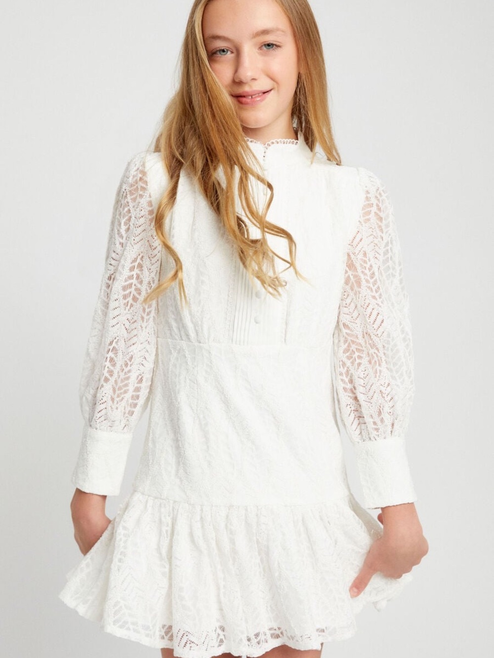 Bardot Junior Talina White Lace Ruffle Dress in Orchid